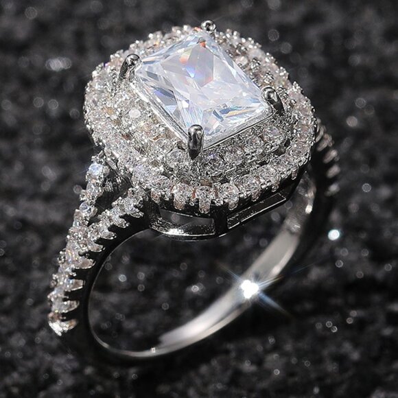 🌸DOUBLE LAYER 14K WHITE GOLD RADIANT CUT PURE CZ LUXURY WEDDING RING, K856 - Picture 1 of 6